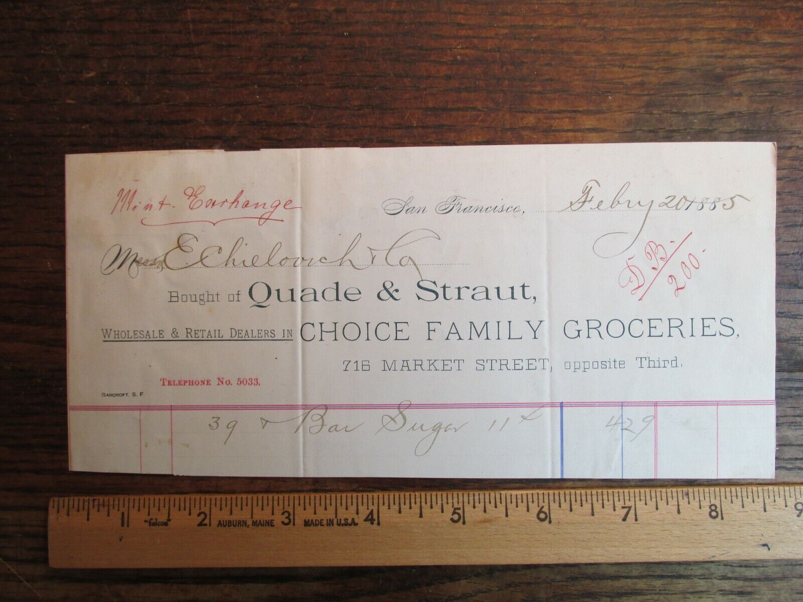 Antique Ephemera 1800s Billhead Document San Francisco CA Quade Strout Groceries