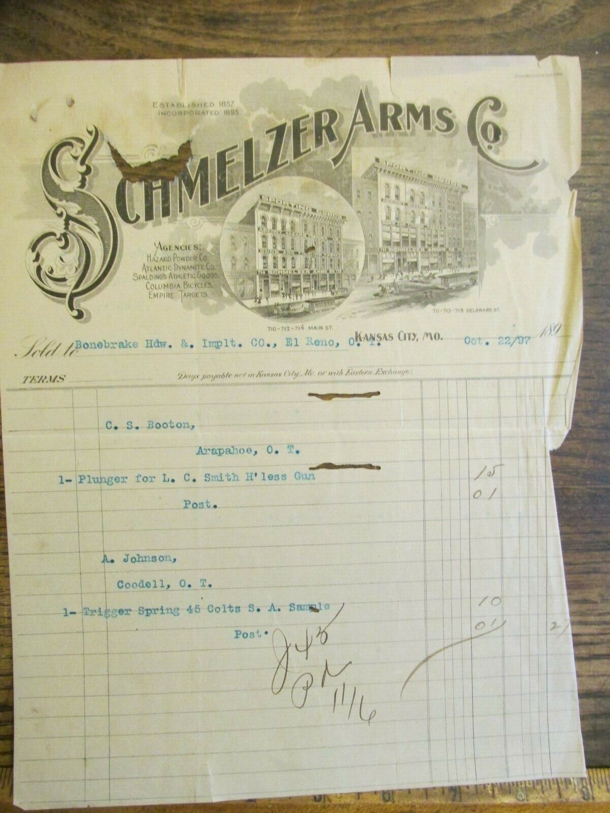 Antique Ephemera 1800s Billhead Schmelzer Arms Guns Gunpowder Dynamite KC MO