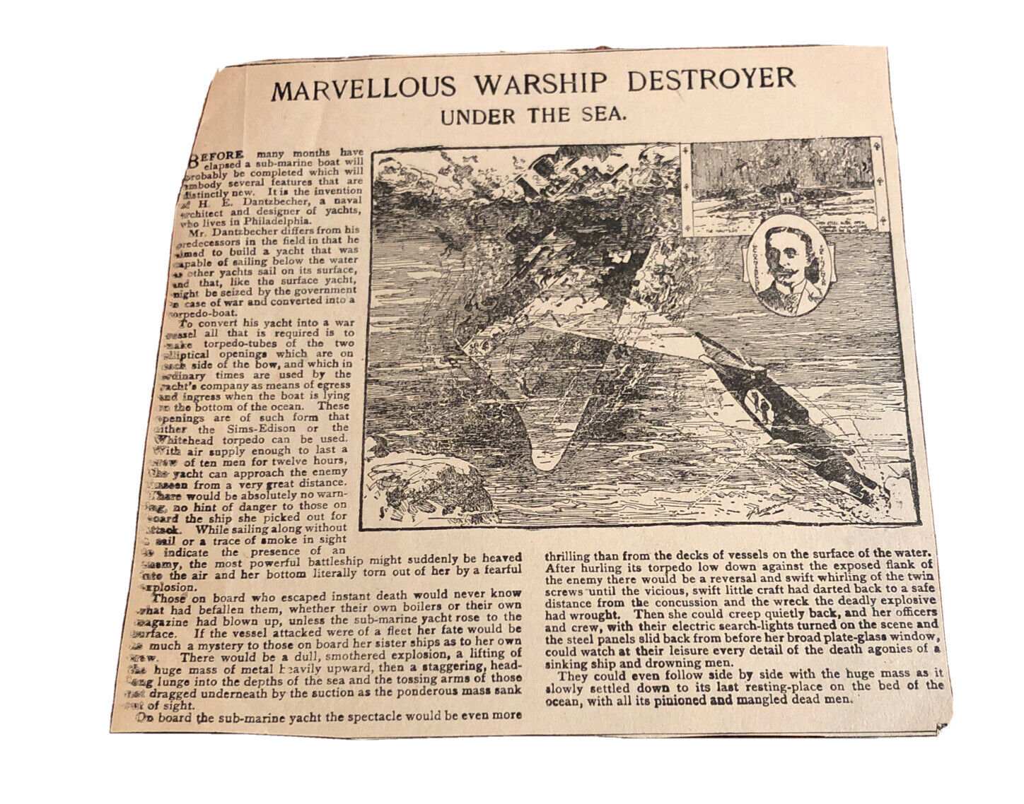 Marvellous Warship Destroyer H. E. Dantzbecher 1800s Newspaper Article Clipping