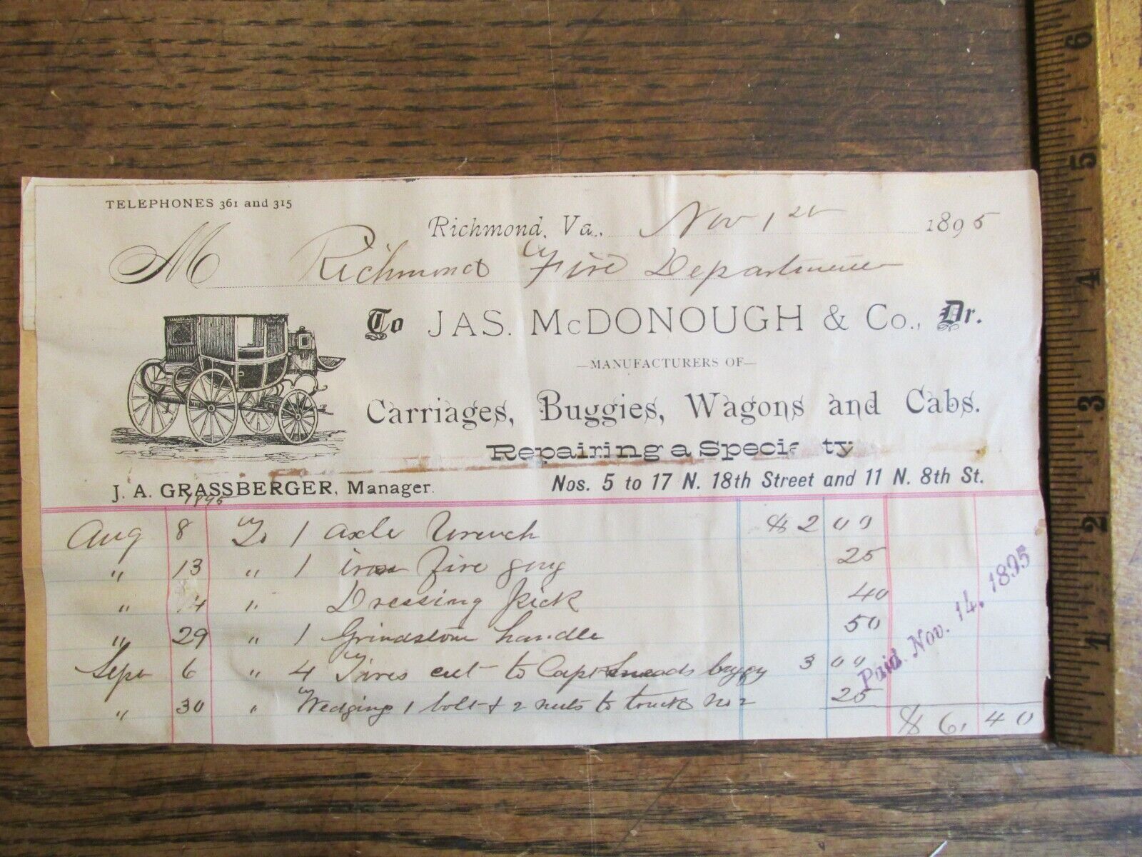 Antique Ephemera Document 1800s Billhead Richmond VA McDonough Carriages Buggies