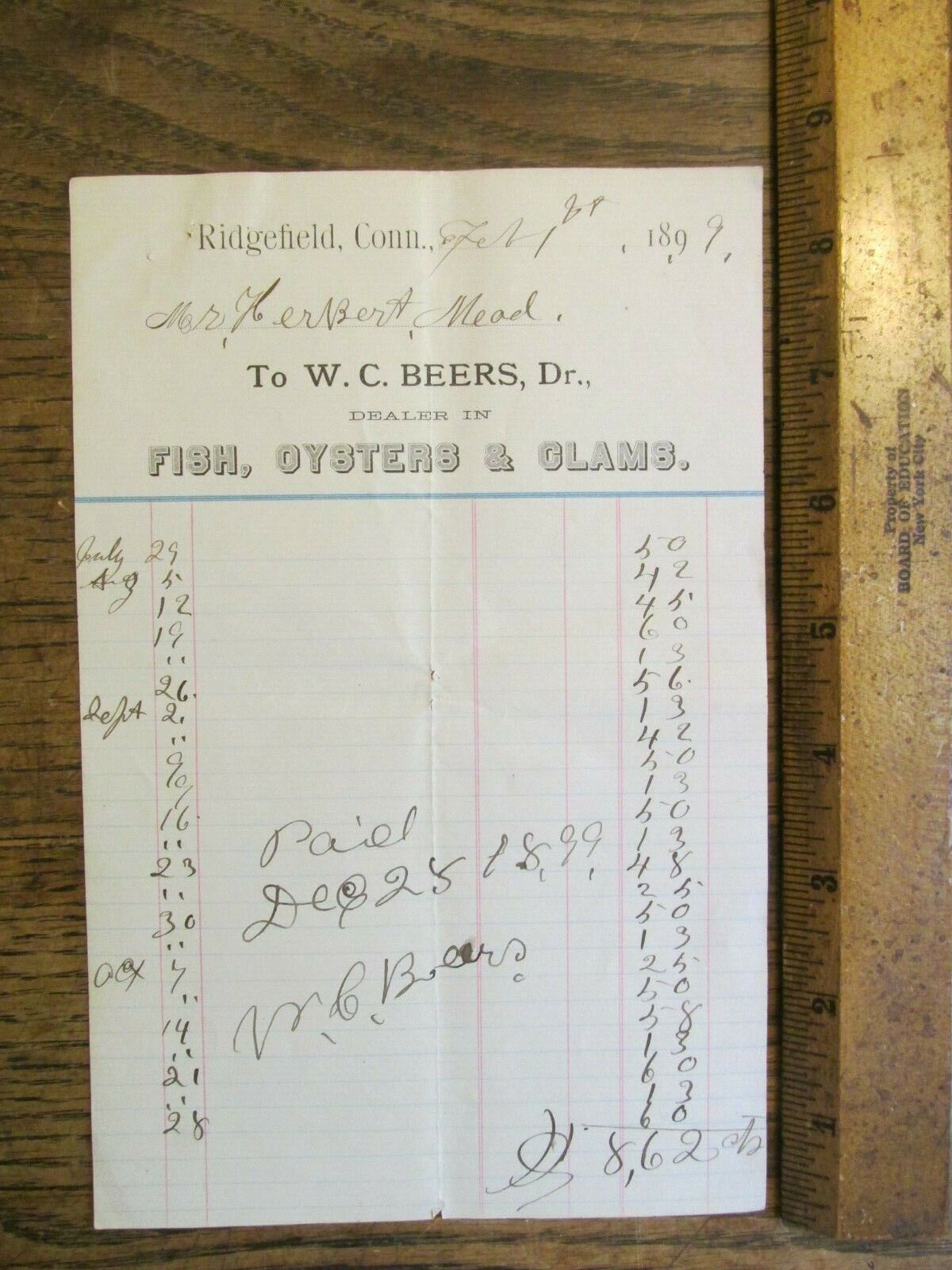 Antique Ephemera Document 1800s Billhead Ridgefield CT WC Beers Fish Oysters