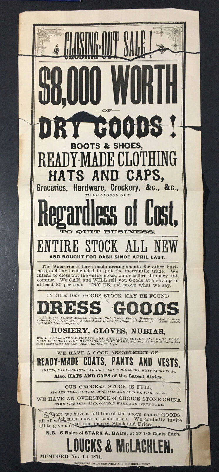 1800's Loucks McLachlen Clothing Dry Goods Store Closing 1871 Advertisement
