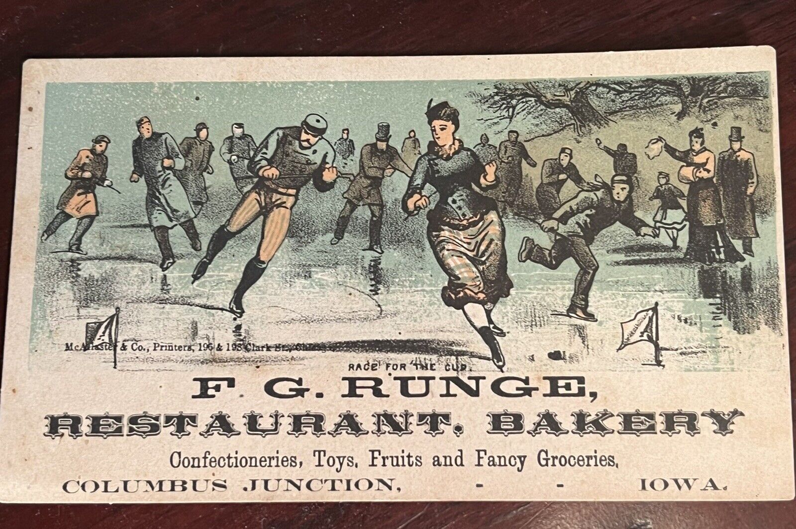 F G Runge -restaurant Bakery- 1800s Flier Ad. Ice Skating , Cup, Hockey