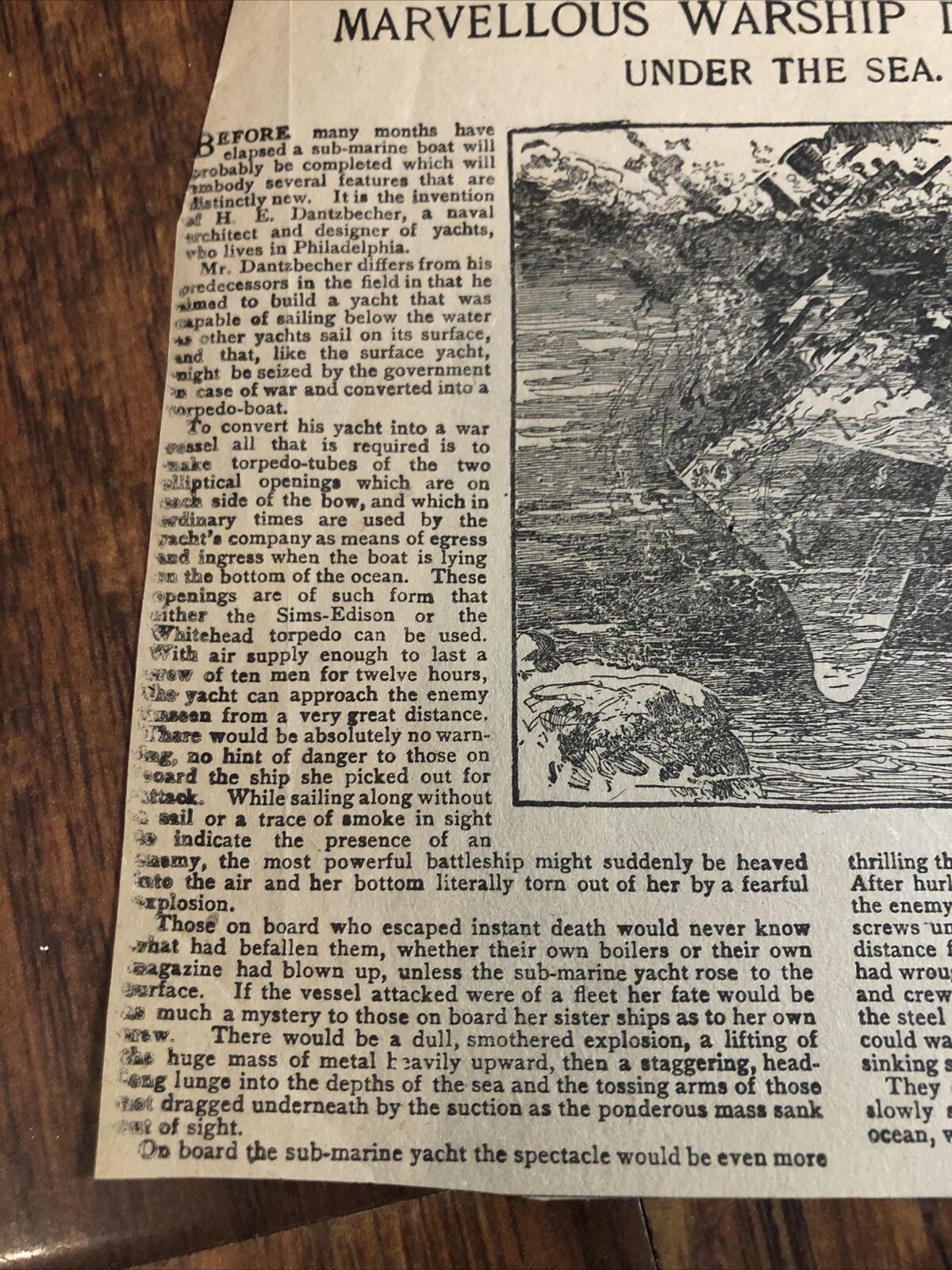 Marvellous Warship Destroyer H. E. Dantzbecher 1800s Newspaper Article Clipping