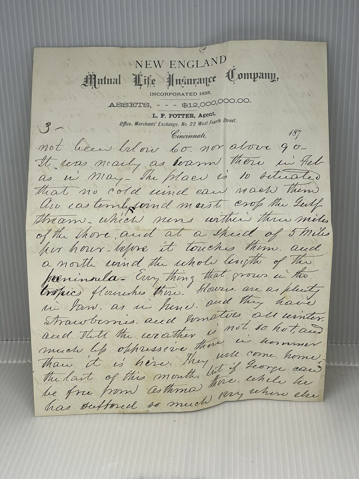 1800’s Letterhead New England Mutual Life Insurance Co. Ephemera Cincinnati