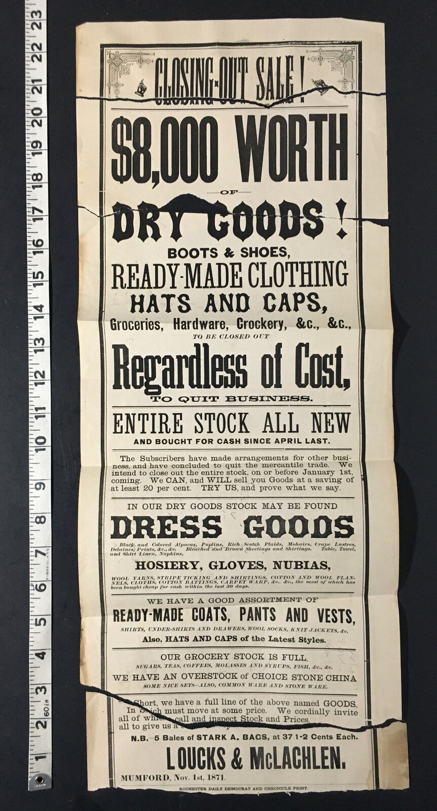 1800's Loucks McLachlen Clothing Dry Goods Store Closing 1871 Advertisement