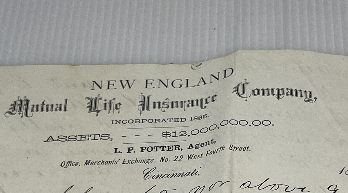 1800’s Letterhead New England Mutual Life Insurance Co. Ephemera Cincinnati
