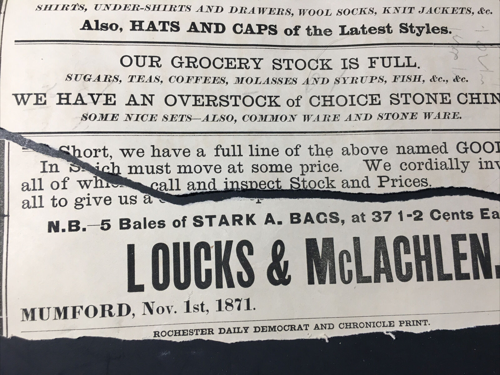 1800's Loucks McLachlen Clothing Dry Goods Store Closing 1871 Advertisement