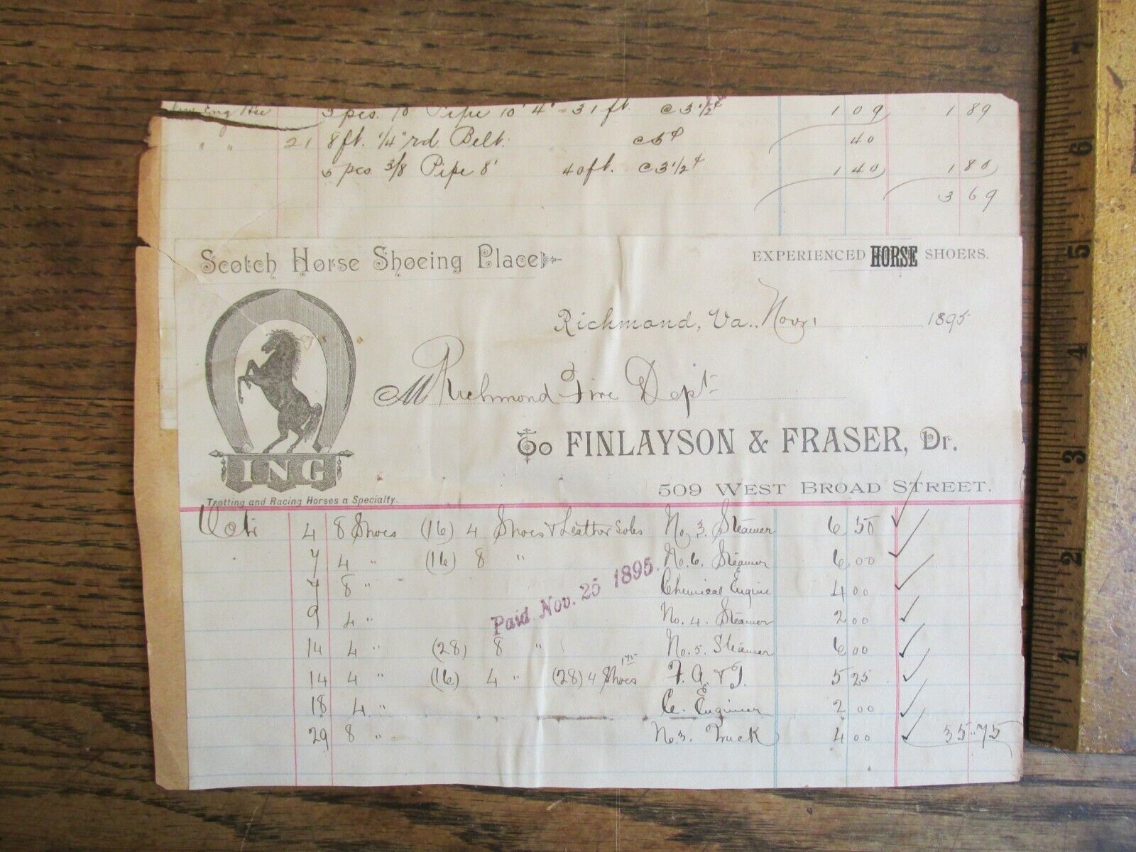 Antique Ephemera Document 1800s Billhead Richmond VA Finlayson Fraser Horse Shoe