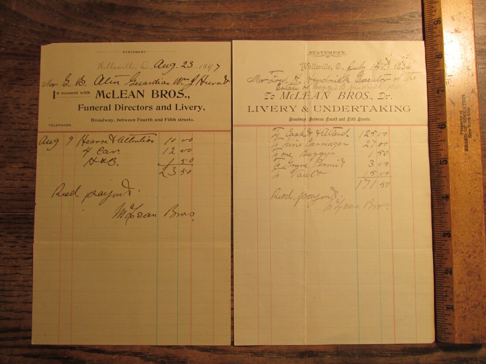 Antique Ephemera 1800s Billheads Wellsville OH McLean Bros Funeral Undertaker