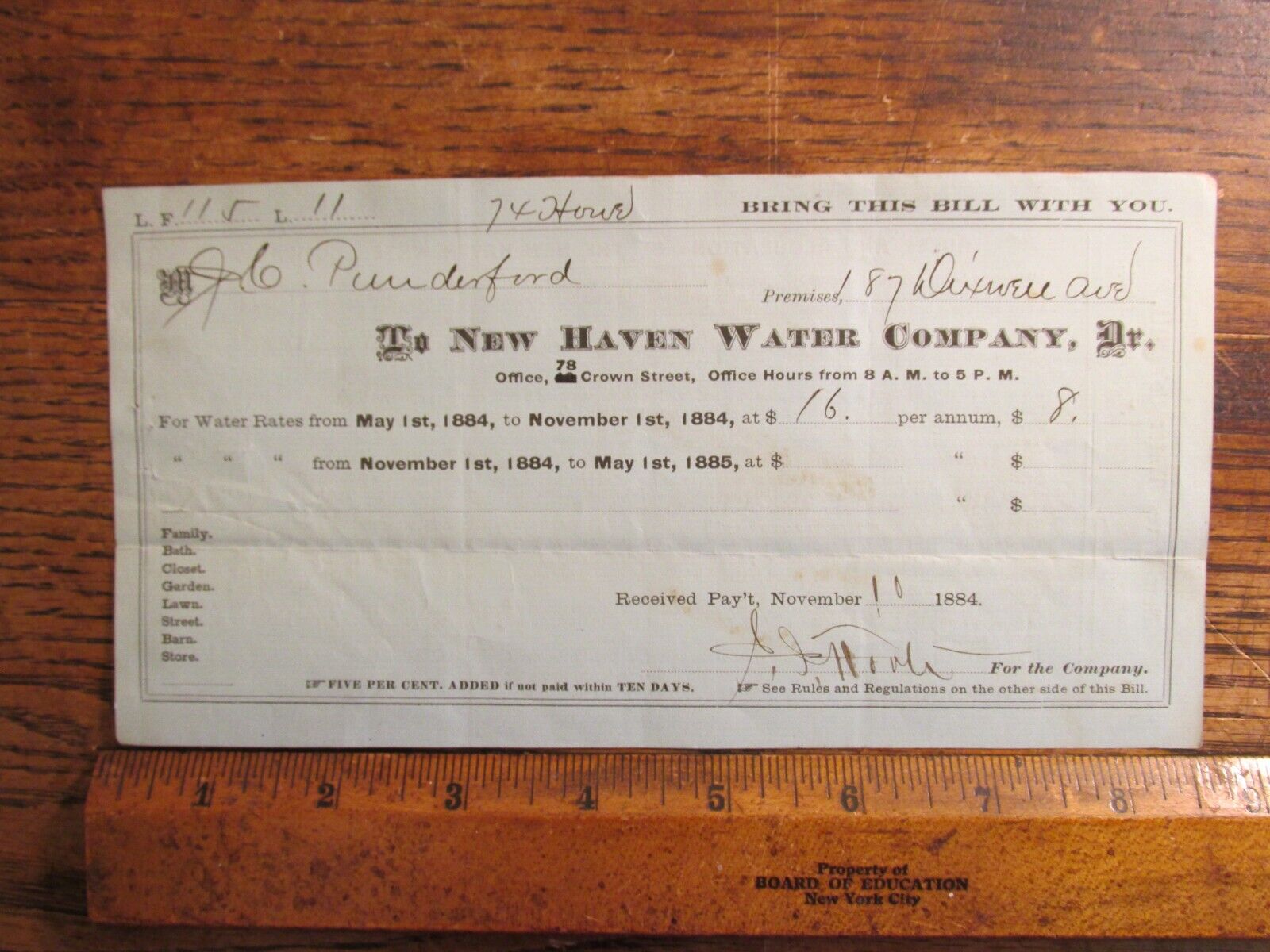 Antique Ephemera 1800s New Haven CT Water Company Bill