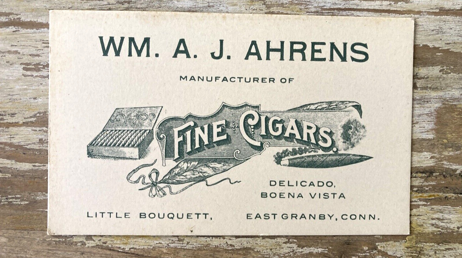 Antique ephemera paper business trade card Wm Aherns Fine Cigars CT late 1800's