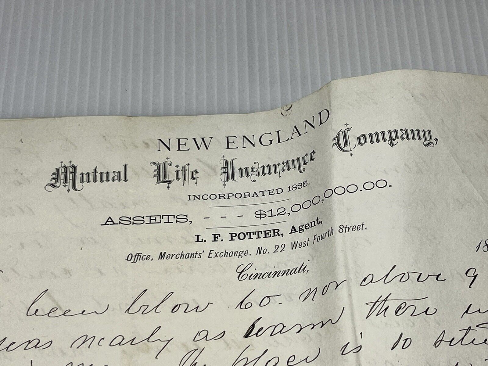 1800’s Letterhead New England Mutual Life Insurance Co. Ephemera Cincinnati
