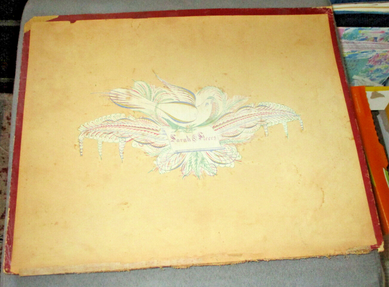 Antique 1800's Emphera Calligraphy on Paper Cutout Mounted on Scarp Book Cover
