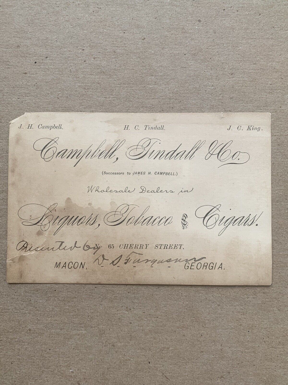 Campbell Tindall Liquors Tobacco And Cigars Advertisement Macon Ga 1800’s 