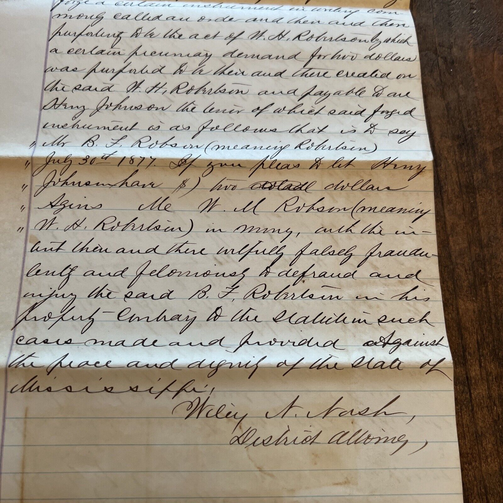 Antique 1800s Ephemera Legal Court Document Indictment For FORGERY Mississippi
