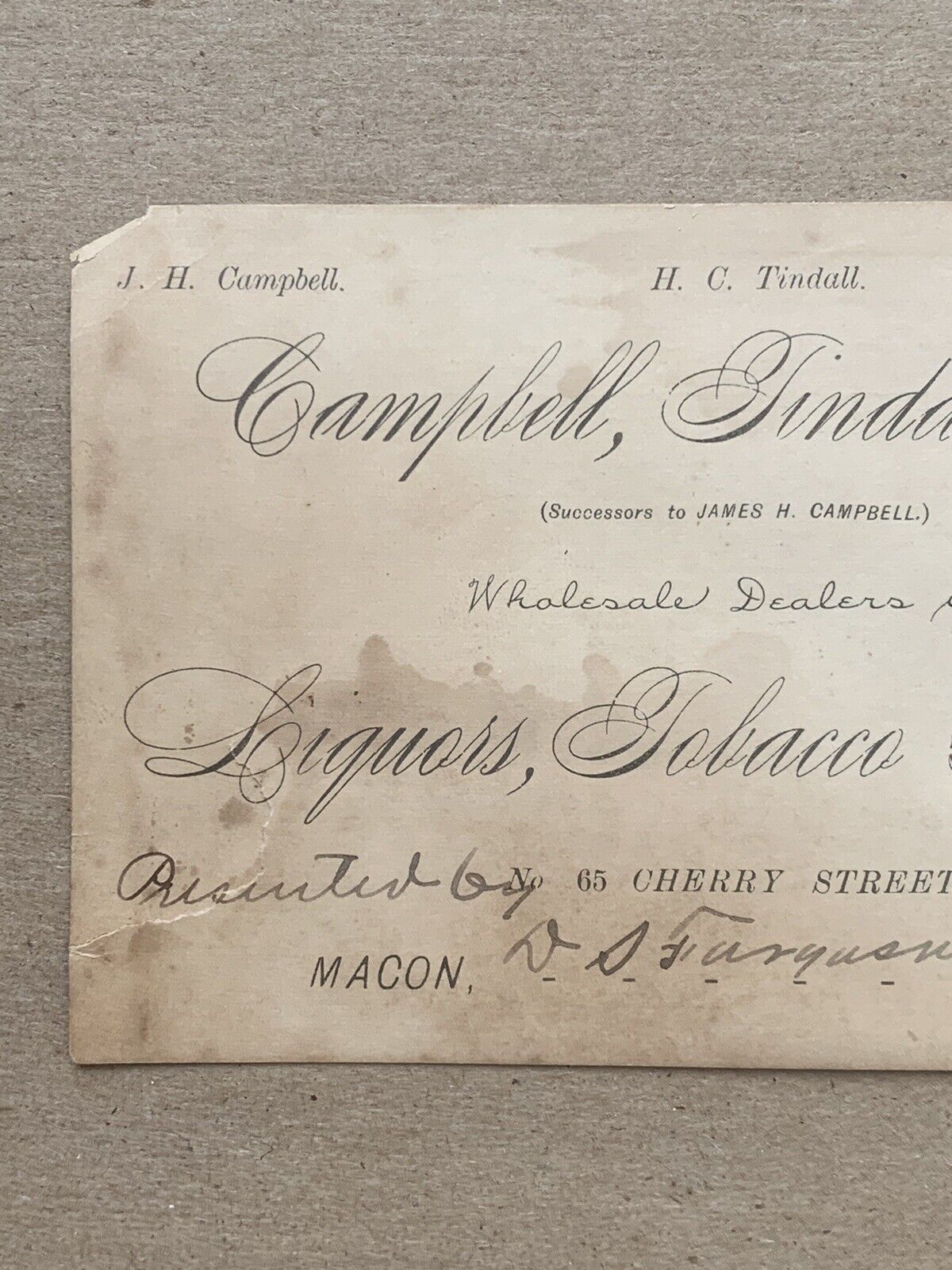 Campbell Tindall Liquors Tobacco And Cigars Advertisement Macon Ga 1800’s 