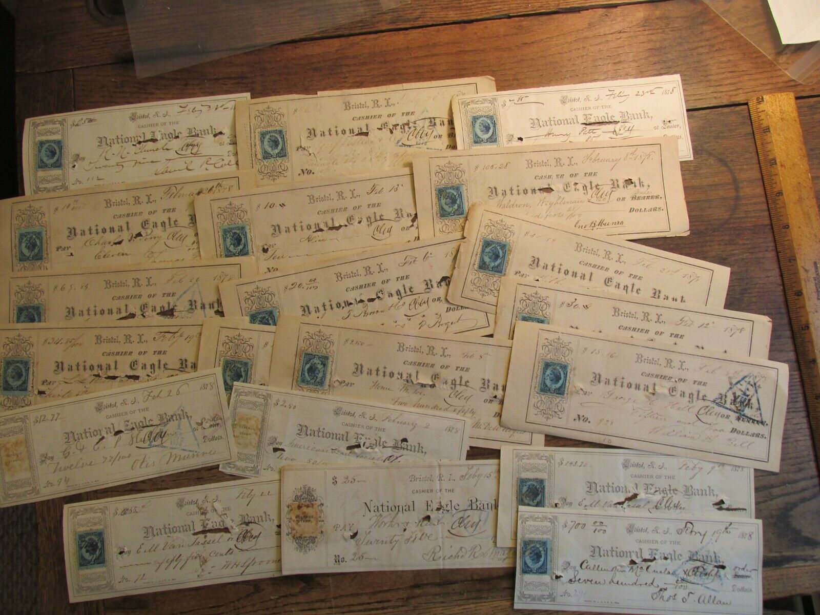 Antique Ephemera Document Lot 1800s National Eagle Bank Checks Bristol RI b