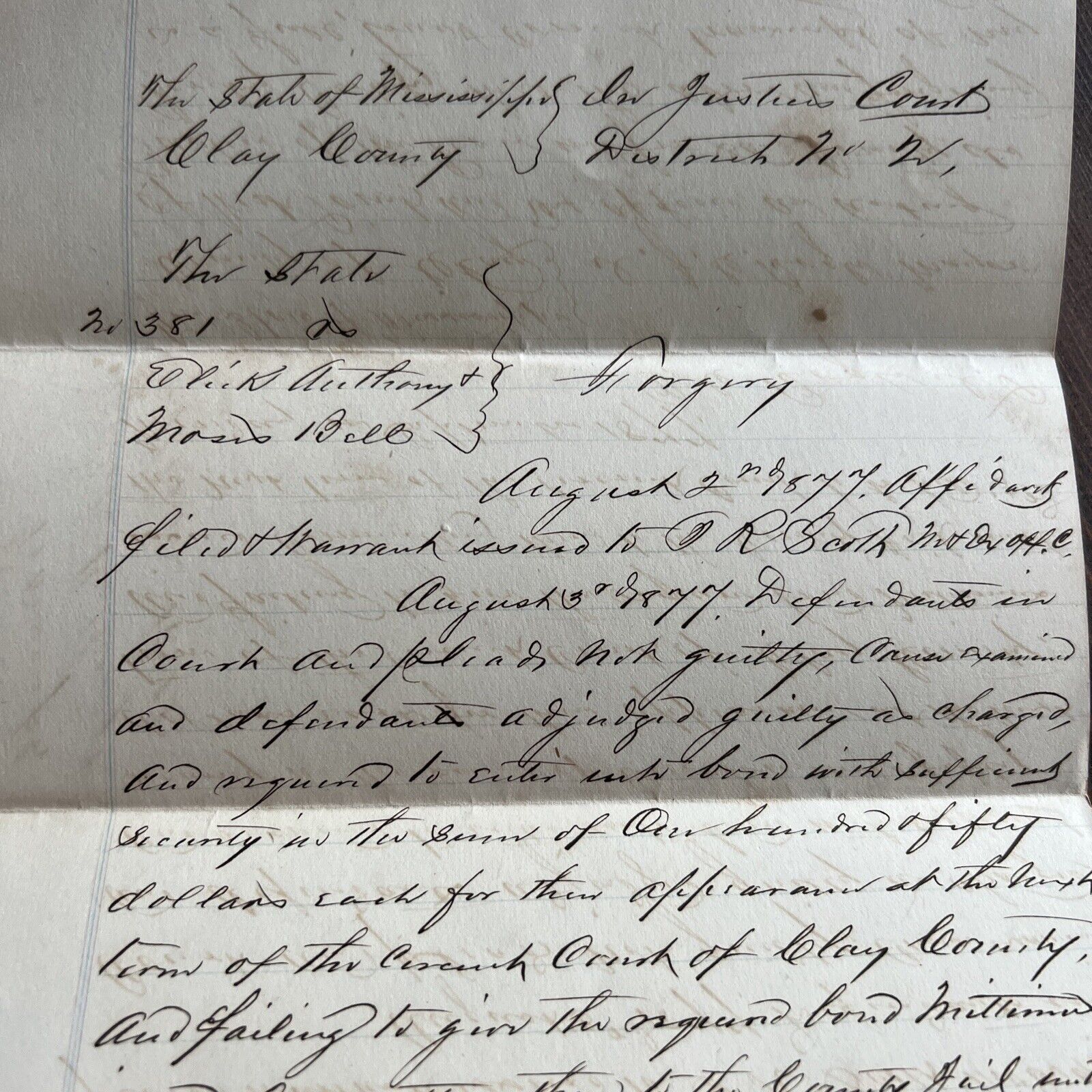 Antique 1800s Ephemera Legal Court Document Indictment For FORGERY Mississippi