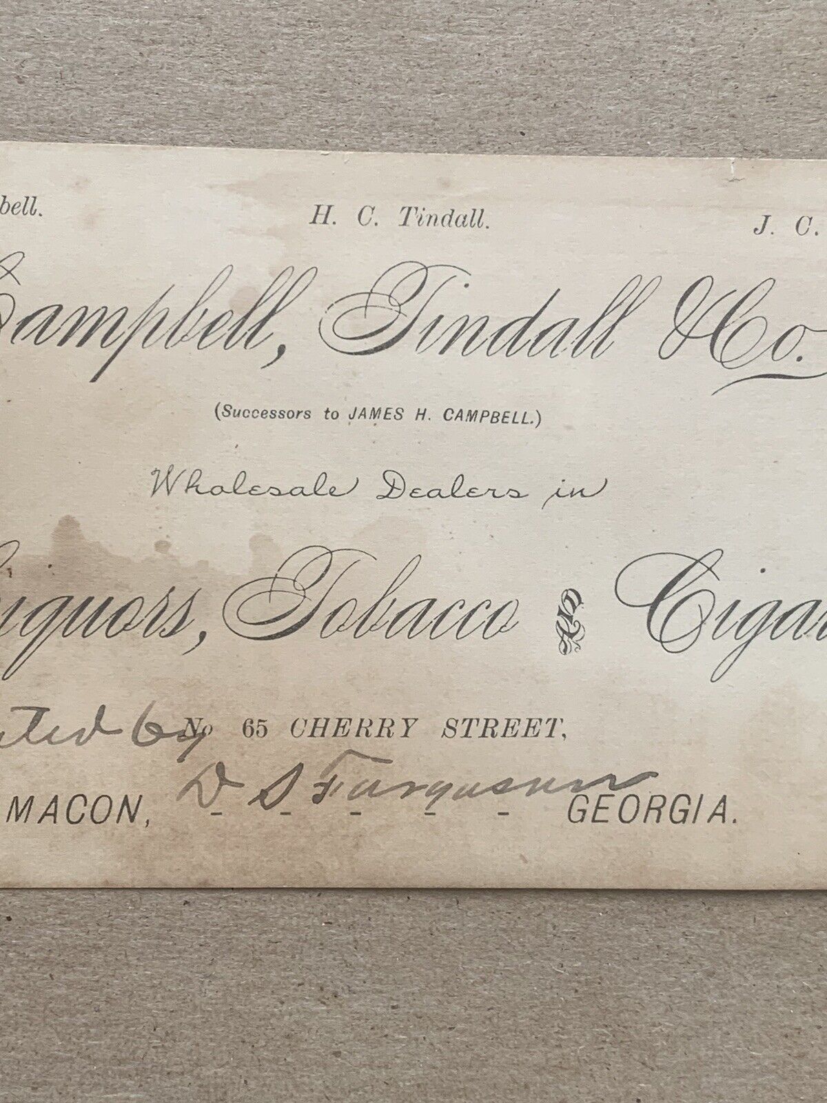 Campbell Tindall Liquors Tobacco And Cigars Advertisement Macon Ga 1800’s 