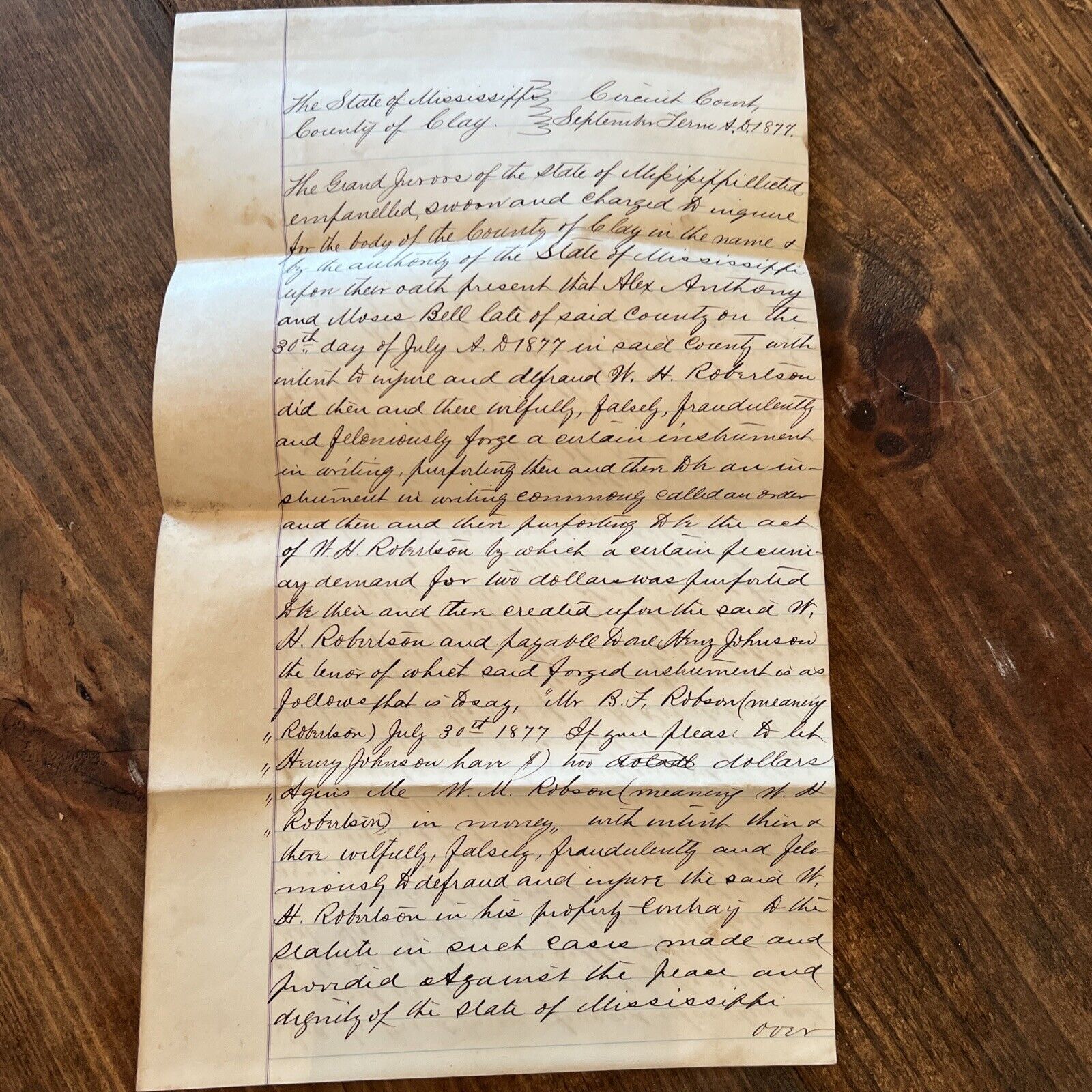 Antique 1800s Ephemera Legal Court Document Indictment For FORGERY Mississippi