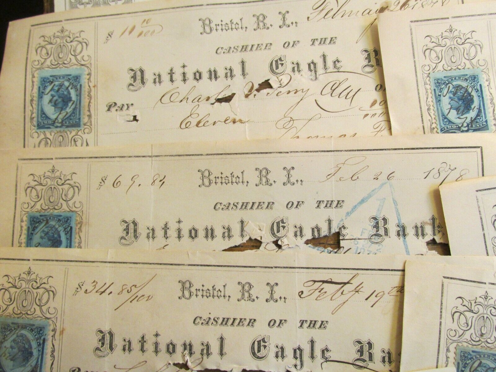 Antique Ephemera Document Lot 1800s National Eagle Bank Checks Bristol RI b