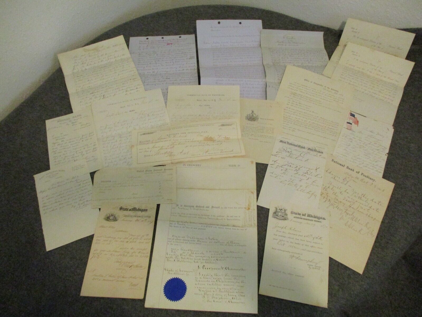 1800s BANKING GOVERNMENT TAX 20+ LETTERS DOCS MICHIGAN VERMONT + CIVIL WAR ERA