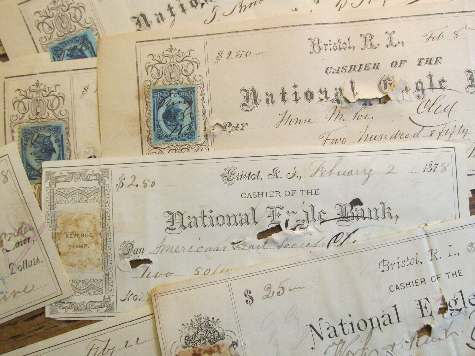 Antique Ephemera Document Lot 1800s National Eagle Bank Checks Bristol RI b