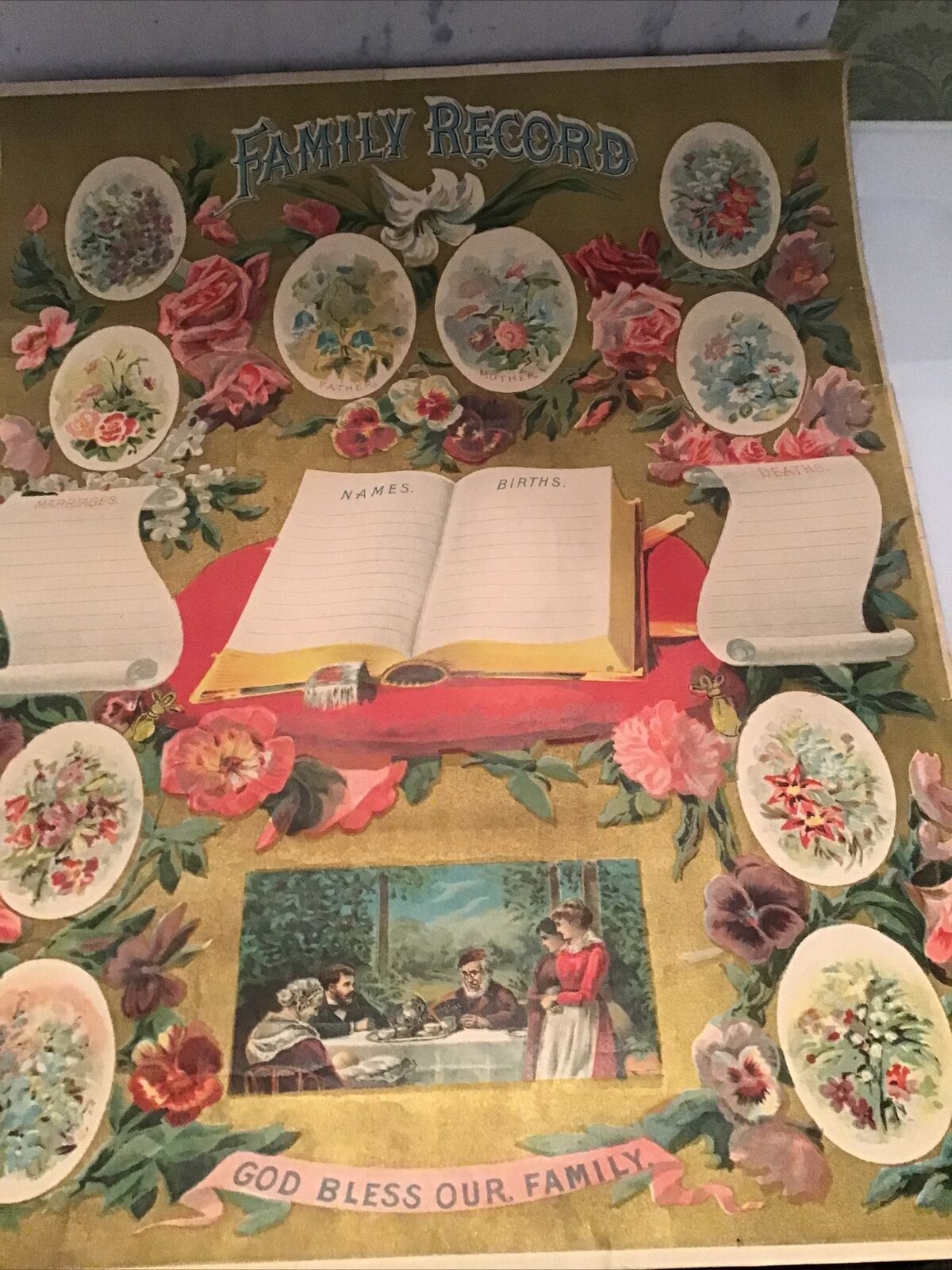 Late 1800’s God Bless Our Family Victorian Chromolithograph Blank Bright Colors