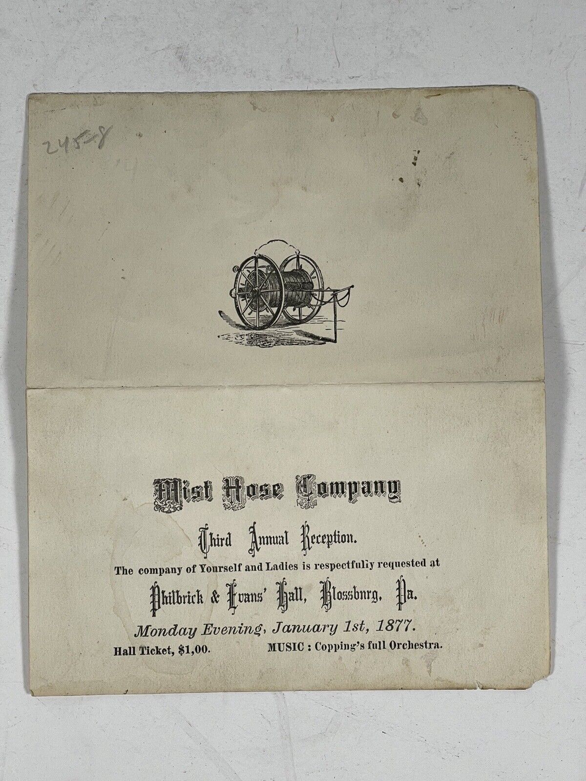 Antique Firefighter 1800s Ephemera Mist Hose Company 1877 Reception Invitation
