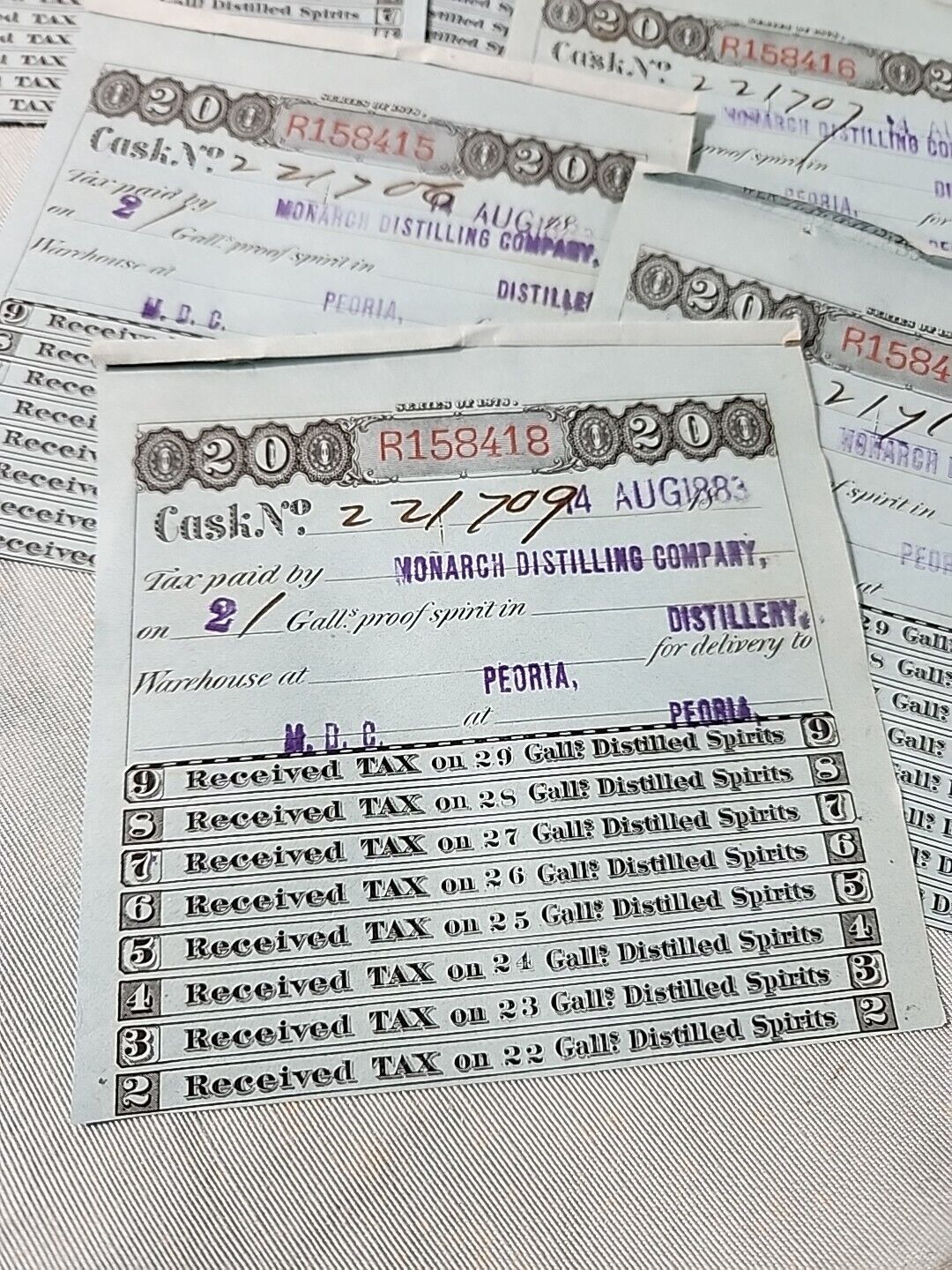 Antique Ephemera 1800s TAX RECEIPT For Purchase Of Distilled Spirits Peoria  Lot