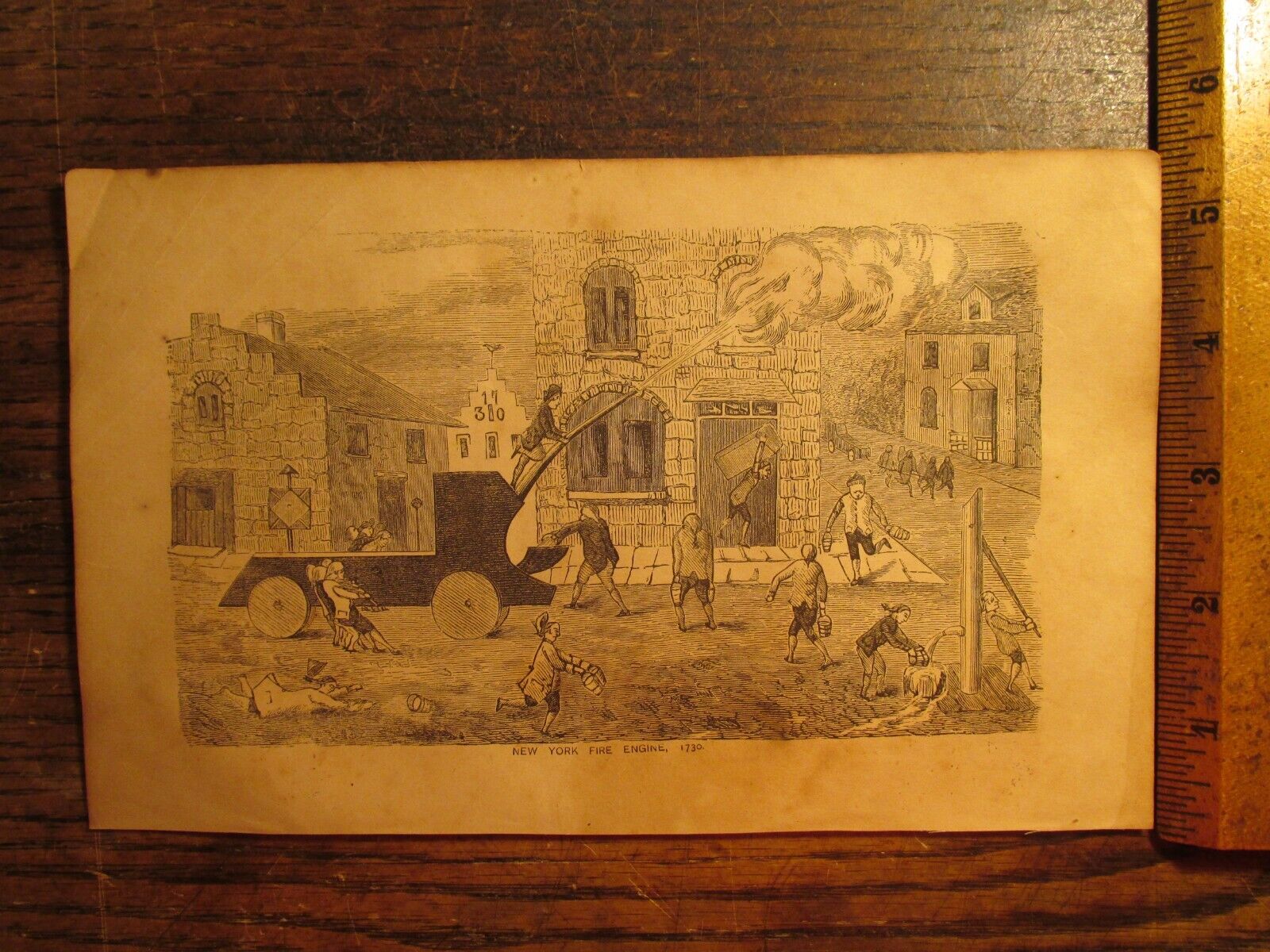 Antique 1872 Engraving Print Early 1700s NY Fire Fighting Equipment Firefighters