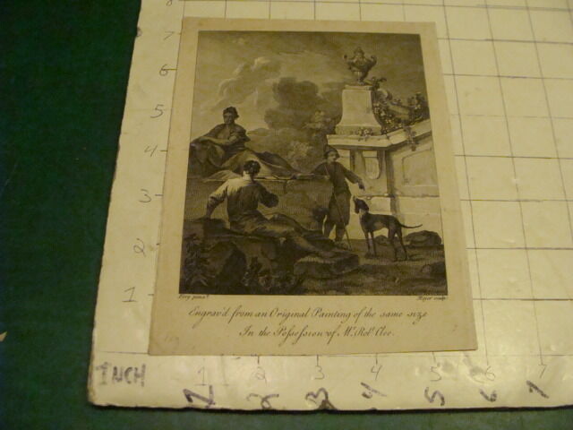 Original Engraving: 1700's or 1800's - boy w dog, man and woman sitting, 