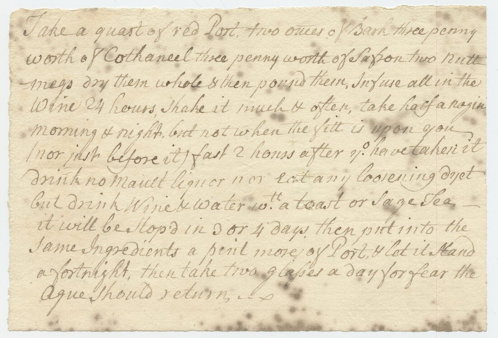 1700's RECEIPT/RECIPE FOR AGUE Hand-Written