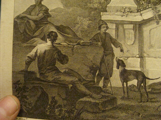 Original Engraving: 1700's or 1800's - boy w dog, man and woman sitting, 