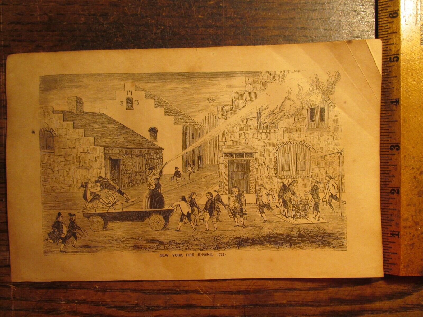 Antique 1872 Engraving Print Early 1700s NY Fire Fighting Equipment Firefighters