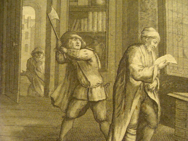 Original Engraving: 1700's or 1800's - MAN w Ax behind man reading, 