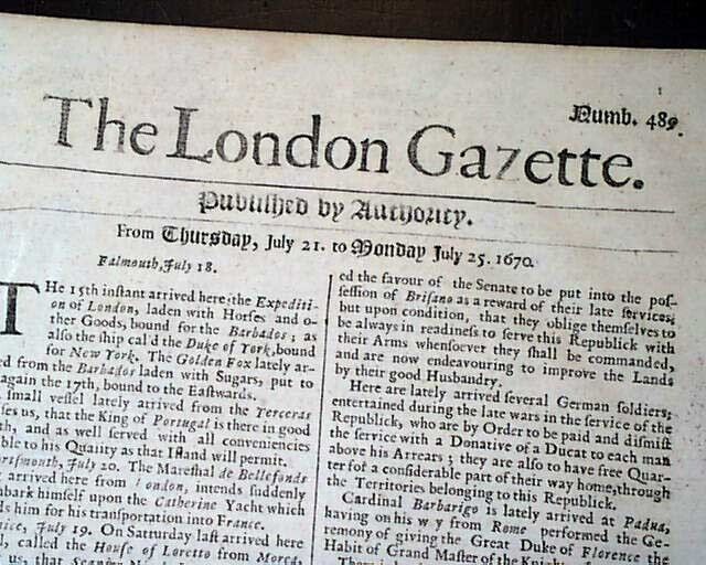 1670 Newspaper EARLY Rare 17th Century 354 Years Old LONDON GAZETTE England Rare