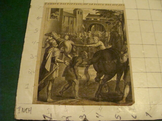 Original Engraving: 1700's or 1800's - men pulling tales of horses, w watermark
