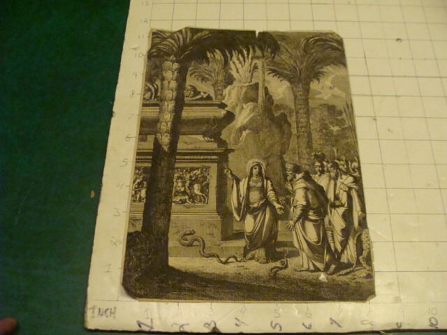 Original Engraving:1700's or 1800's - LADY pointing to monument Men, snakes 