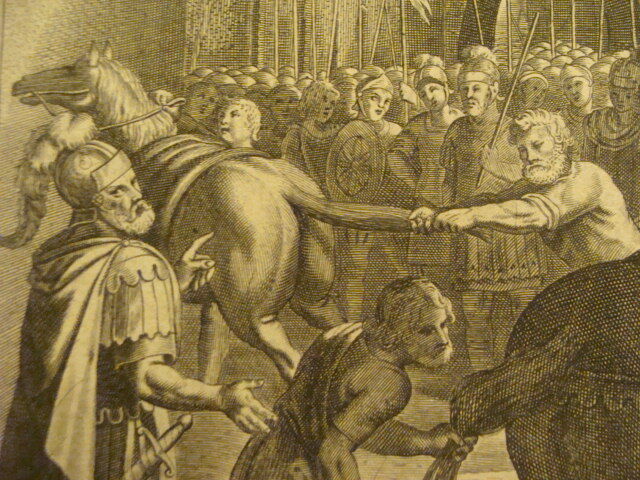 Original Engraving: 1700's or 1800's - men pulling tales of horses, w watermark