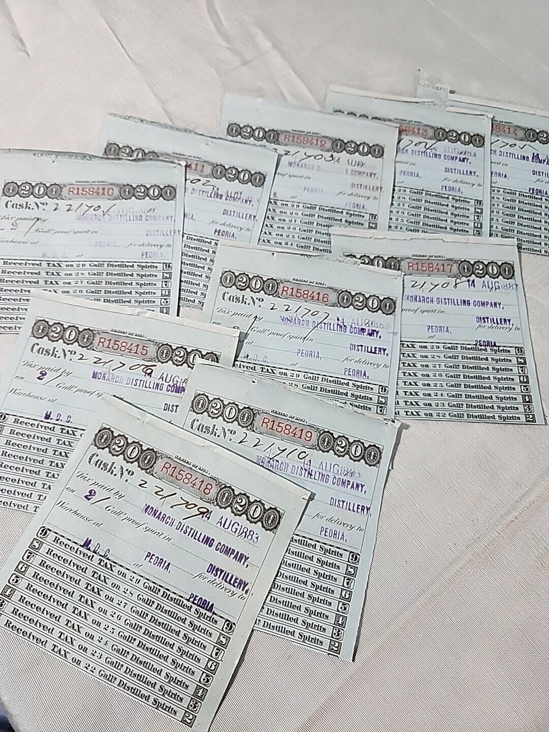 Antique Ephemera 1800s TAX RECEIPT For Purchase Of Distilled Spirits Peoria  Lot