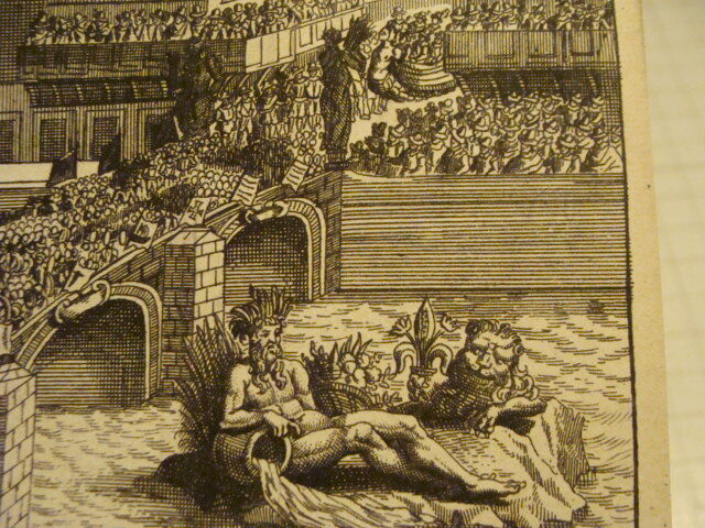 Original Engraving: 1700's or 1800's - bridge filled with people; God in Water