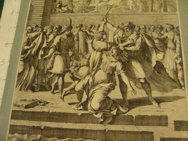 Original Engraving:1700's or 1800's - mounted - KING BEHEADING LADY, trying to 