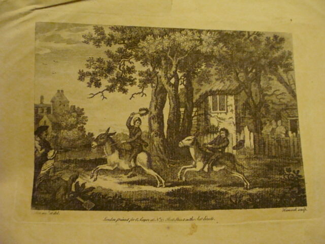 Original Engraving:1700's or 1800's - MEN RIDING DONKEYS torn as shown