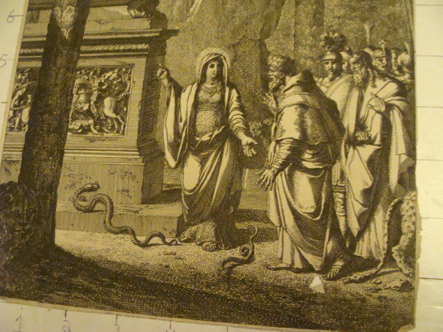 Original Engraving:1700's or 1800's - LADY pointing to monument Men, snakes 