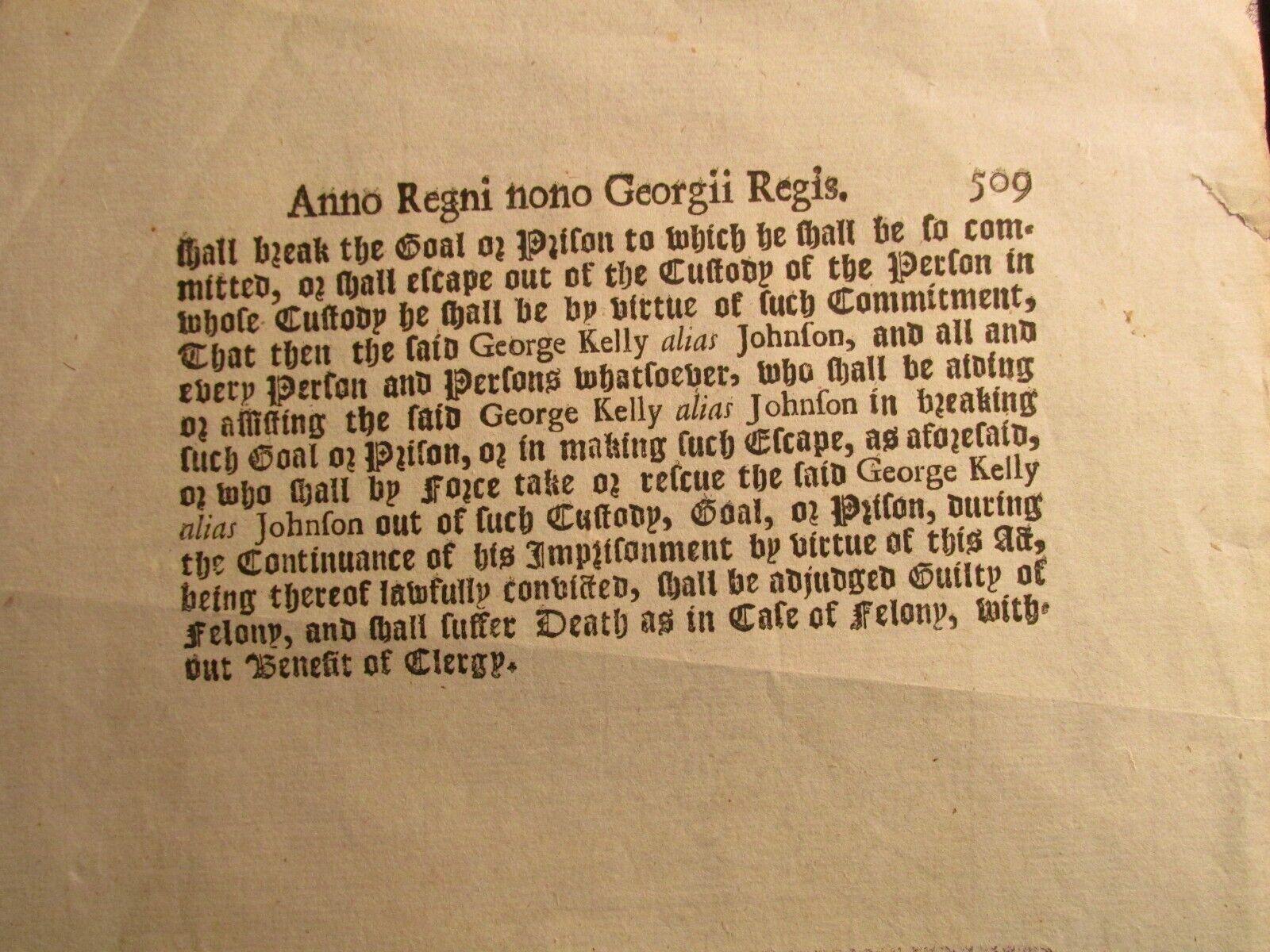Antique Ephemera 1700s Document British Law Act re: George Kelly Imprisonment