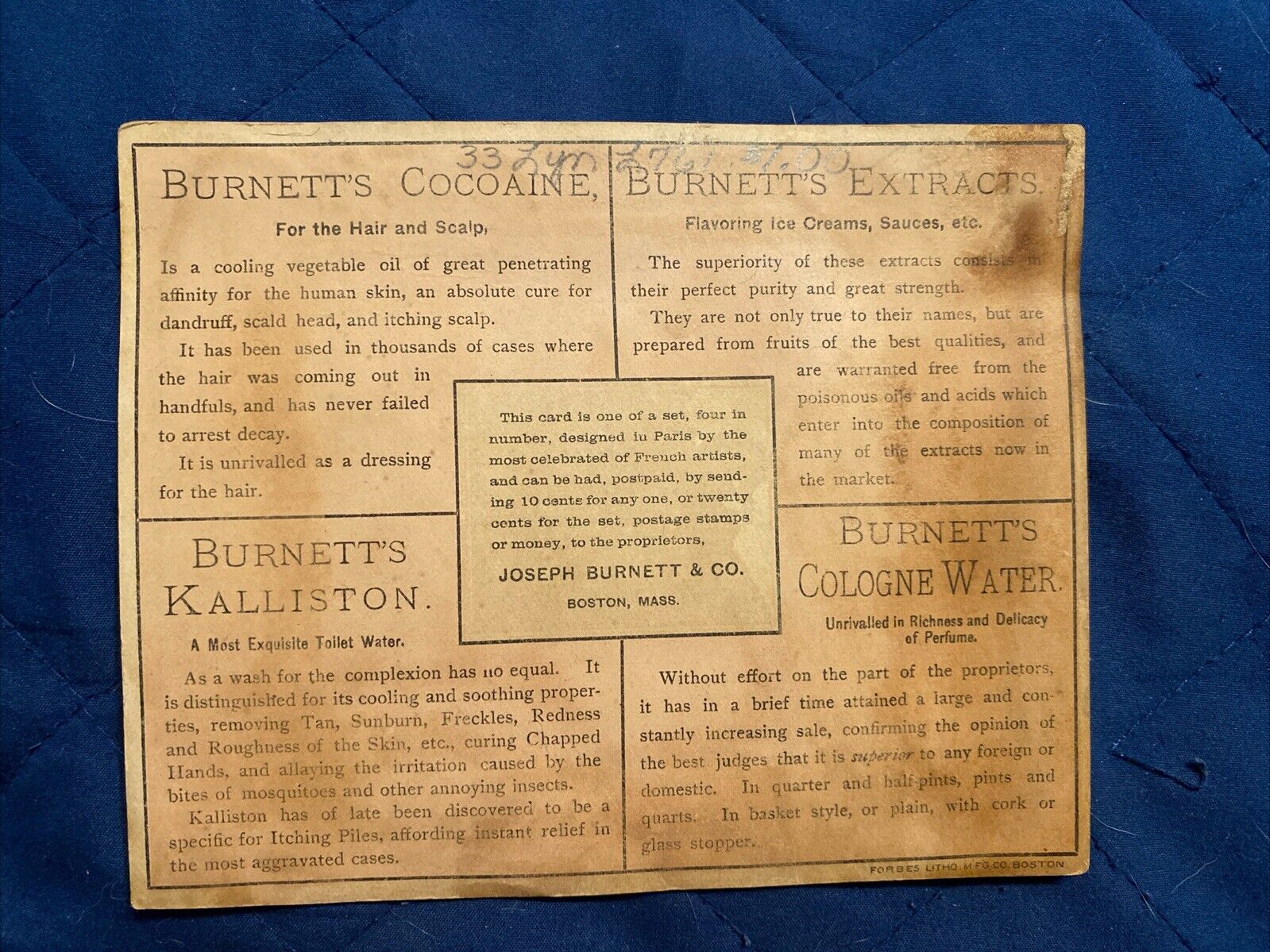 Antique 1800s Burnett’s Cologne Water Trade Card (Cocoaine, Extracts, Kalliston)