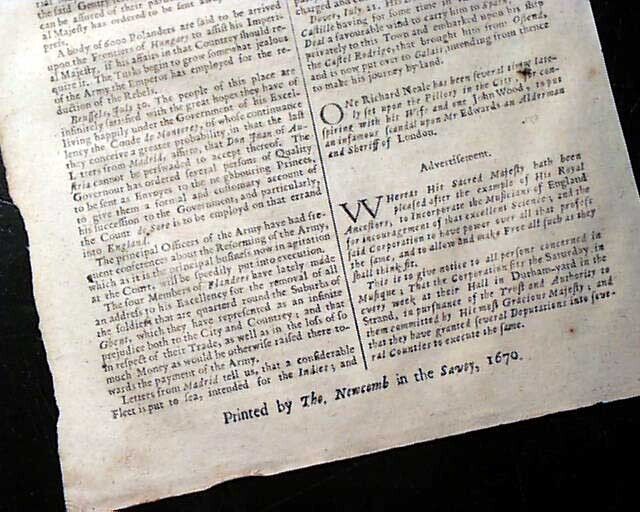 1670 Newspaper EARLY Rare 17th Century 354 Years Old LONDON GAZETTE England Rare