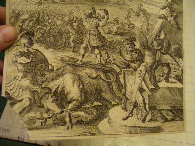 Original Engraving:1700's or 1800's - BATTLE w Bull, Fire, etc - damaged mounted